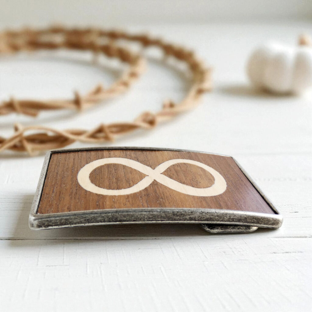 Wooden infinity belt buckle with metal base – gender-neutral gift
