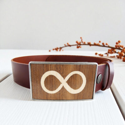 Handmade wooden infinity belt buckle with a brown leather belt, ideal for men and women