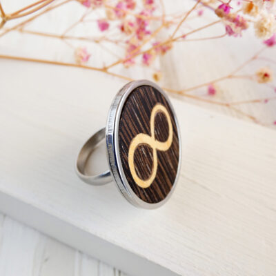 Wooden infinity ring with wenge and sycamore inlay in stainless steel finish