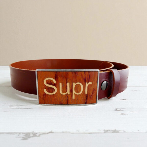 Wooden keyboard belt buckle made with natural wood marquetry
