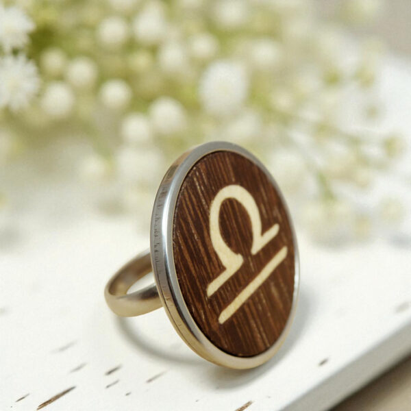 Wooden Libra ring with marquetry zodiac symbol and stainless steel band
