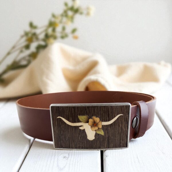 Wooden longhorn belt buckle with leather strap, floral marquetry design