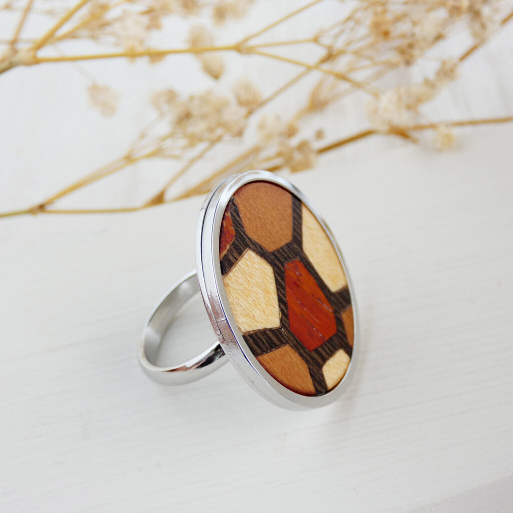 Wooden modern ring handcrafted with natural wood and mosaic marquetry
