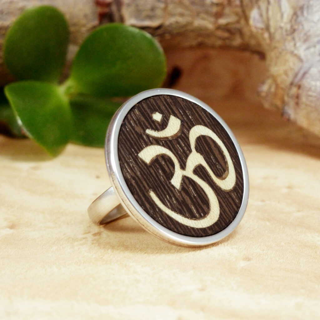 Wooden Om ring handmade with natural wood and stainless steel