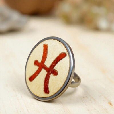 Wooden Pisces ring with natural wood inlay and stainless steel band