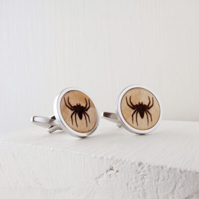Wooden spider cufflinks with engraved design and stainless steel backs