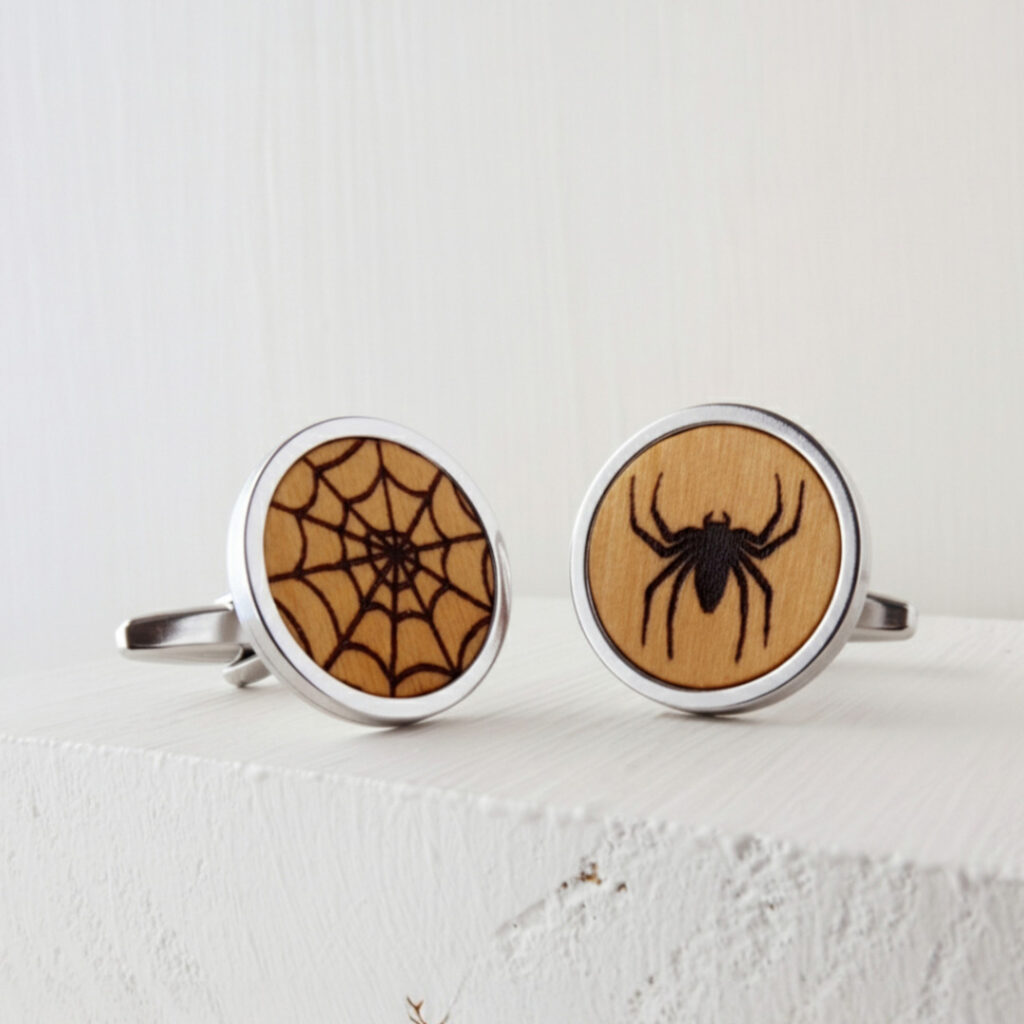 Wooden spider and web cufflinks with engraved wood fronts and stainless steel backs