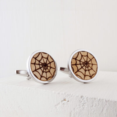 Wooden spider web cufflinks in engraved wood with stainless steel backs