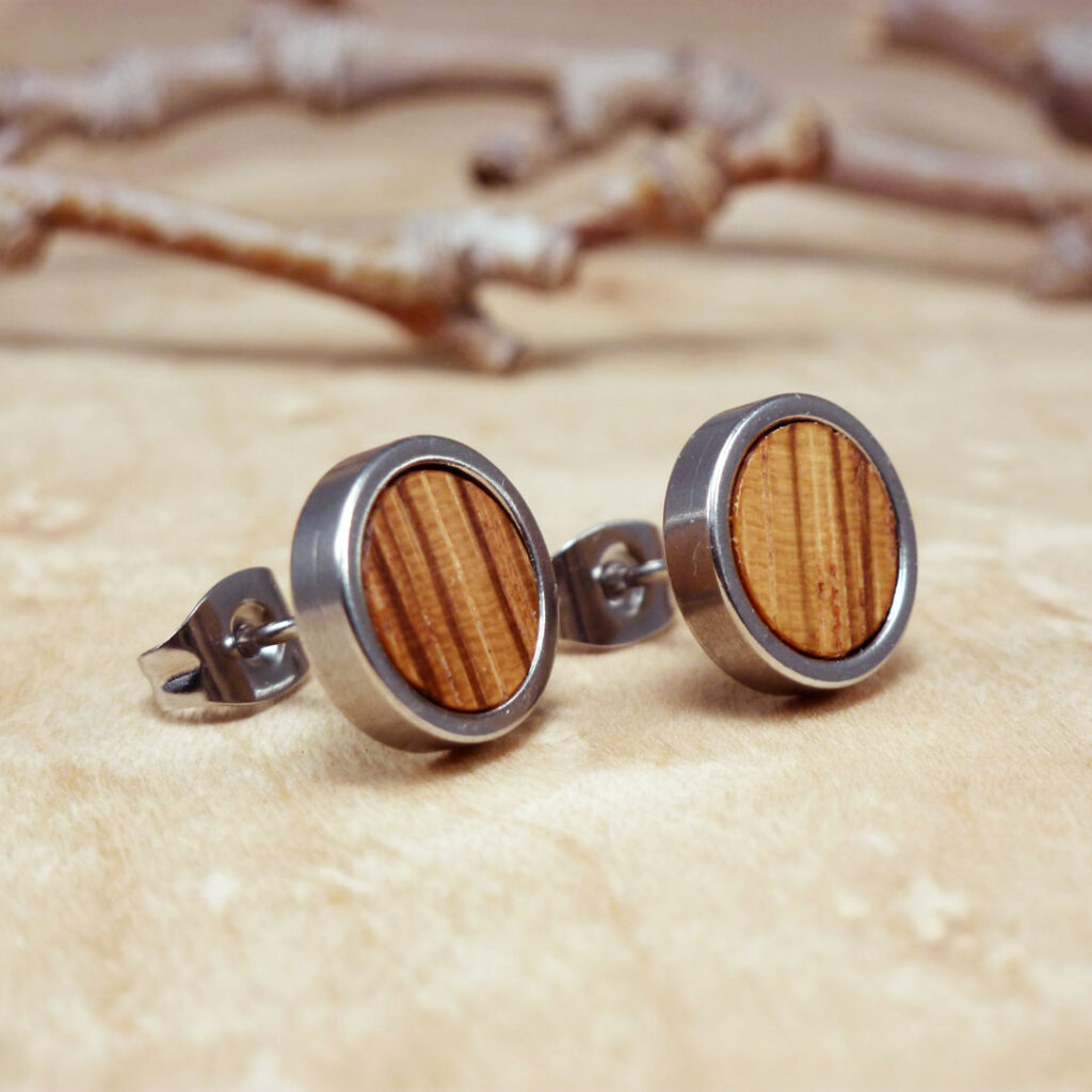 Unique men's wooden ear studs made from zebrawood