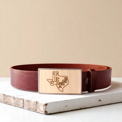 Wooden Texas belt buckle with leather belt