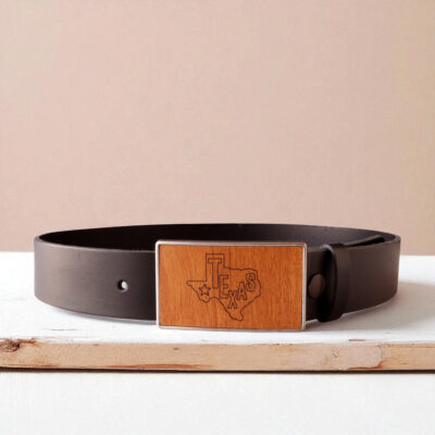 Texas belt buckle with black leather belt