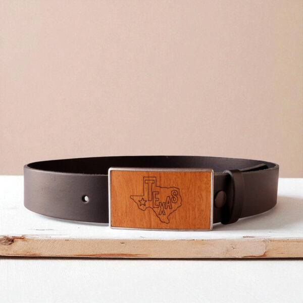 Texas belt buckle with black leather belt