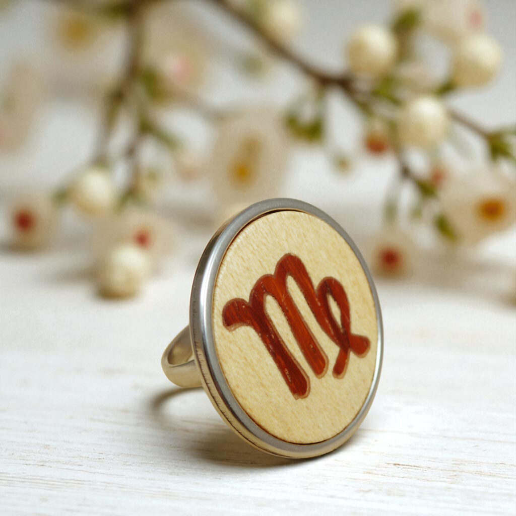 Wooden Virgo ring with handmade zodiac symbol in stainless steel base
