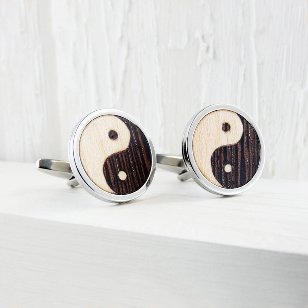 Wooden yin yang cufflinks handcrafted in wenge and sycamore
