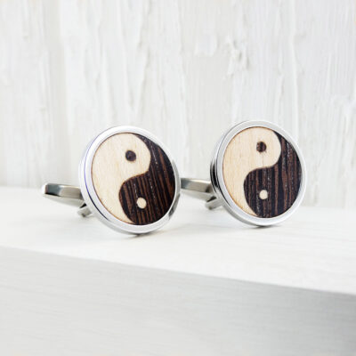 Wooden yin yang cufflinks handcrafted in wenge and sycamore
