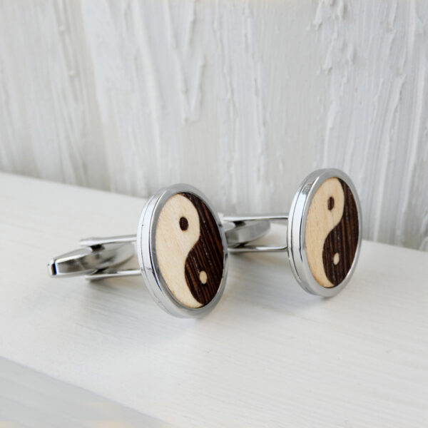 Wooden Yin Yang cufflinks for wedding in wenge and sycamore