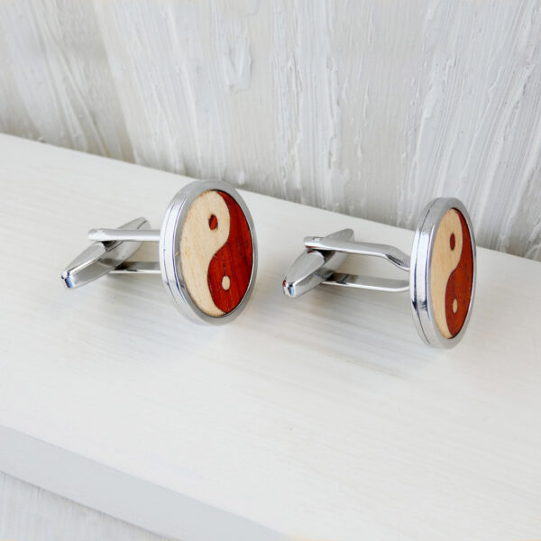 Wooden Yin Yang cufflinks with padauk, sycamore, and stainless steel