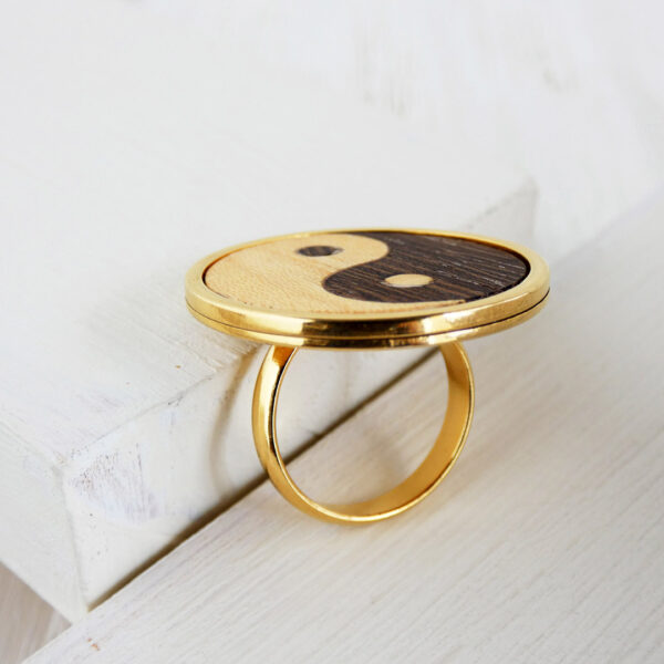 Gold Steel Finish – Wooden Yin Yang Ring