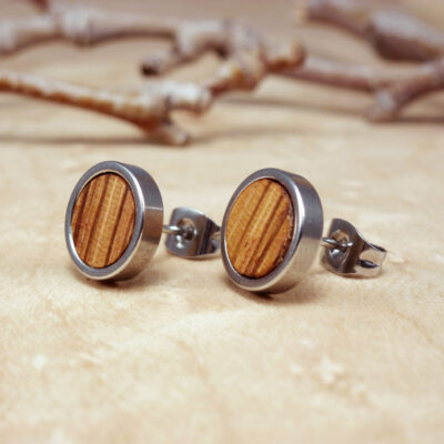 Zebrawood round earrings for men with stainless steel