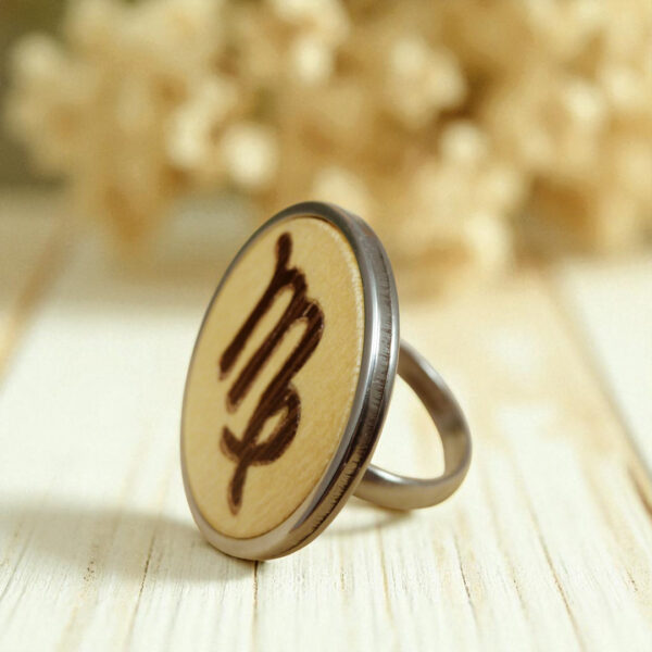 Zodiac ring for Virgo with handcrafted wood symbol