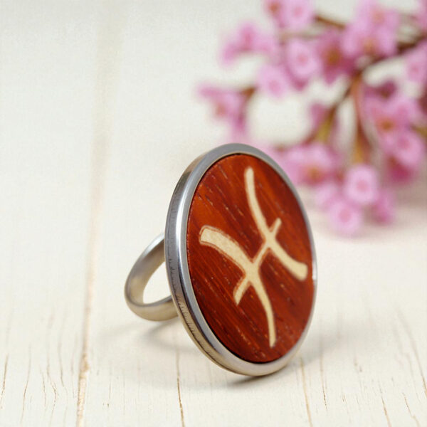 Zodiac sign Pisces ring made of natural wood and stainless steel
